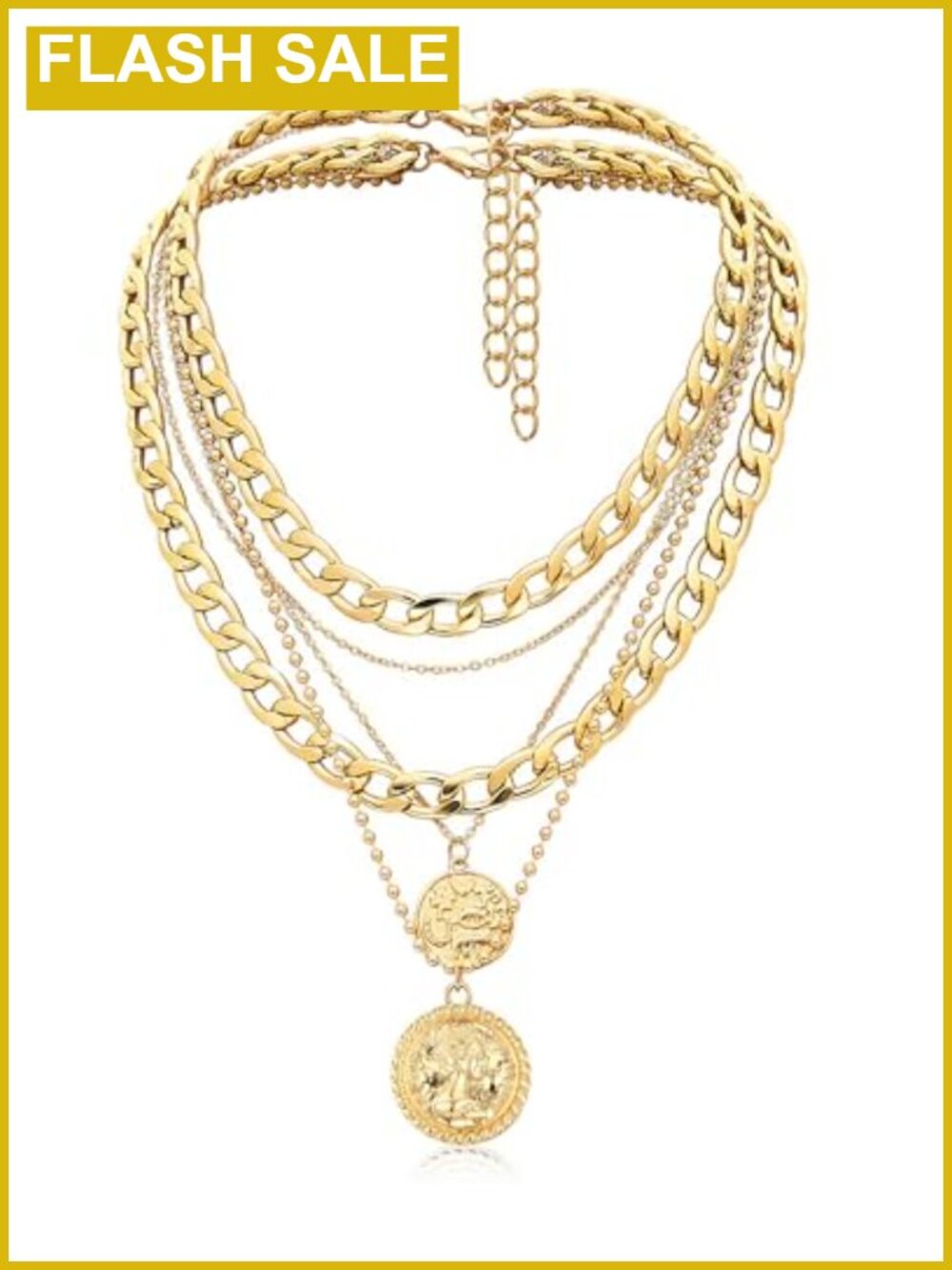 Layered Coin Pendant Necklace Set Gold Plated Chunky Chain Retro Jewelry